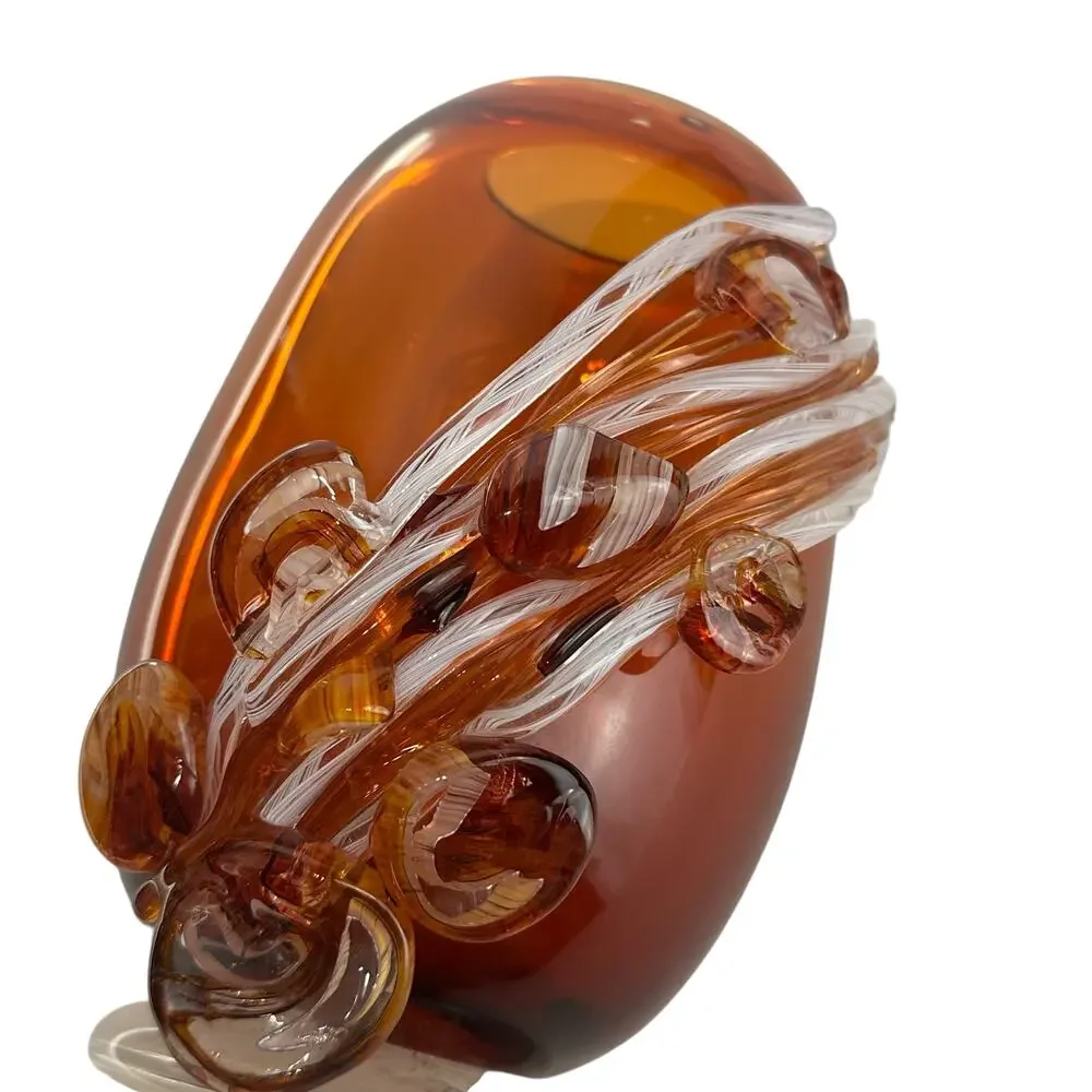Studio Art Glass Vase Amber Swirl Applied Ribbon Abstract Signed vAB Modern 2018